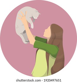 A girl with long hair plays with a gray cat. The woman lifted the cat in her arms. Pet owner. Flat vector illustration isolated on white background.
