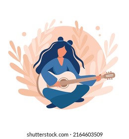 Girl with long hair plays the guitar on a contrasting abstract background. Illustration, vector, design