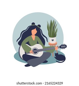 Girl with long hair plays the guitar. Cozy room. Illustration, vector, design
