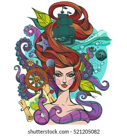 Girl with long hair. Portrait of a young woman. Face and make-up. Fabulous sea princess. Mermaid. Illustration for a tattoo, sticker, design, t-shirts and other items.