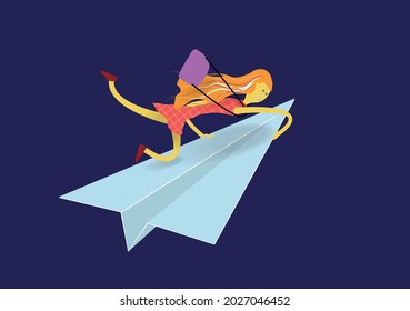 A girl with long hair and a purse is flying on a paper airplane. Vector banner