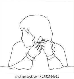 girl with long hair puts an earring on herself - one line drawing vector. the concept of getting ready for a meeting or a date, trying on an earring when buying bijouterie or jewelry indications