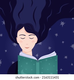 A girl with long hair is reading a book against the background of the starry sky. 