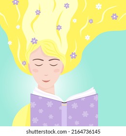 A girl with long hair is reading a book. A girl with flowers in her hair. 