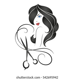 Girl with long hair and scissors, silhouette for beauty shop