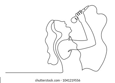 A girl with long hair is singing into the microphone. Caricature. One line drawing isolated vector object by hand on a white background.