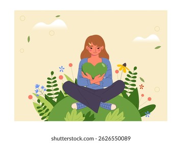 A girl with long hair sits on a green hill, hugging a green heart, surrounded by colorful flowers and plants, with soft clouds in the sky. Nature care concept. Vector illustration