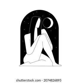 A girl with long hair sits in a window against the background of the starry sky and the moon.