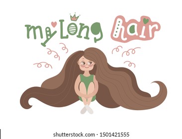 The girl with the long hair is sitting on the floor with her arms wrapped around her knees. Flat cartoon image on white background. Vector