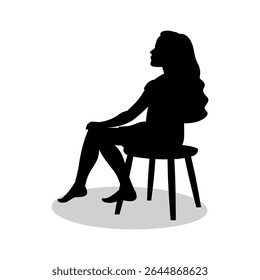 Girl with long hair sitting on a stool, black silhouette