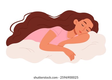 Girl with long hair sleeping on a cloud.Sleeping or dreaming in sky, idyllic scene with female character on cloud