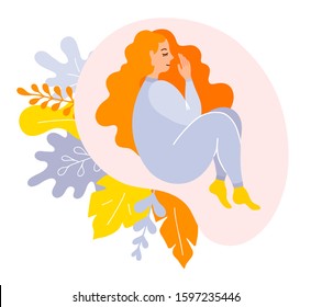A girl with long hair sleeps on its side against a background of foliage and an abstract fluid form. Woman with closed eyes curled up and smiles. Sweet Dreams. Cute vector illustration.