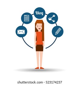 girl long hair stand and social media icons design vector illustration eps 10