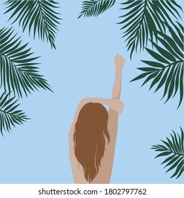 a girl with long hair stands against a blue sky with her hands up