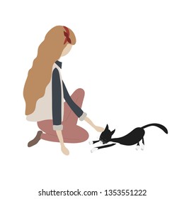 Girl with long hair take care of cat. Young woman sitting and touch domestic cat. Adult girl love her kitty. Female character. Vector illustration in flat cartoon style. Isolated on white background