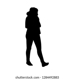 Girl with long hair taking a walk, looking away. Black silhouette isolated on white background. Concept. Monochrome vector illustration of girl in skirt and boots going for a stroll. Stencil.