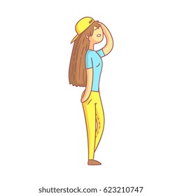 Girl with long hair touching her head suffering a painful headache. Colorful cartoon character