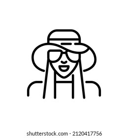 Girl with long hair wearing a hat and sunglasses. Pixel perfect, editable stroke icon