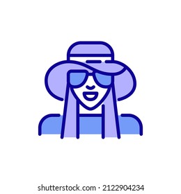 Girl with long hair wearing a hat and sunglasses. Pixel perfect, editable stroke color icon