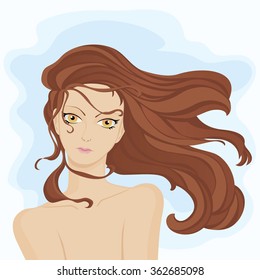 Girl with long hair. The wind's blowing.