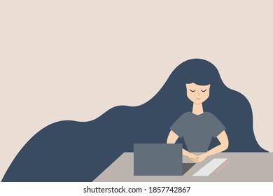 A girl with long hair works. A young woman at a computer. Remote operation.
