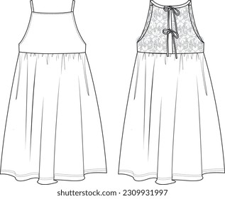 girl long and lace back dress fashion vector, tie detail flat skecth	