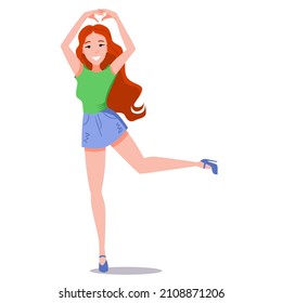 A girl with long legs dances on one leg.