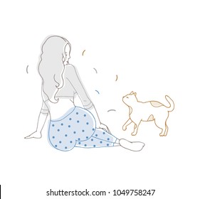 Girl With Long Loose Hair Dressed In Dotted Pajamas Sitting On Floor And Looking At Cat. Pretty Woman And Her Pet Animal Hand Drawn With Contour Lines On White Background. Colored Vector Illustration