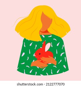 A girl with long lush hair holds a cute rabbit in her hands on a pink gentle background. Animal Protection Day. Happy easter day. Vector.