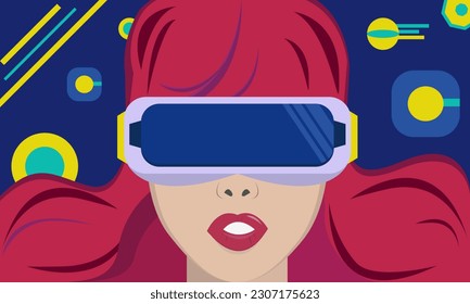 A girl with long Magenta hair in a VR headset. Digital virtual reality, metaverse. Vector illustration in a flat style. eps10.