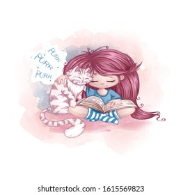 A girl with long magnificent pink hair sits cross-legged, hugs a cat and reads a book. Watercolor textural background, cartoon cute characters. Friendship of children and animals.