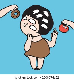 Girl With Long Neck And Many Eyes are Looking At Sweet Treats While Waving Goodbye Hand To A Tomato. Veggie Hater Concept Card Character illustration