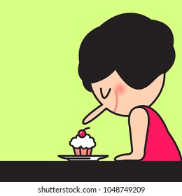 Girl With Long Nose Enjoying The Smell Of Delicious Cup Cake Concept Card Character illustration