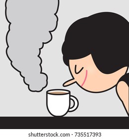 Girl With Long Nose Enjoying The Smell Of Fresh Coffee Concept Card Character illustration