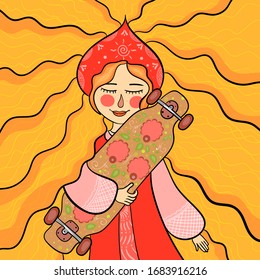 Girl with long orange hair. Dressed in a red dress and red kokoshnik with a skateboard in her hands. Skate with Gorodskaya painting. Vector illustration on a blue background.