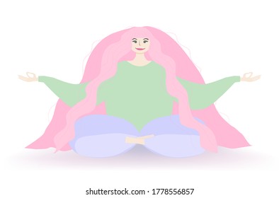 girl with long pink hair sitting in lotus position on a white background