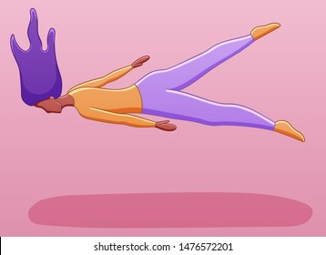 Girl with long purple hair and brown skin levitates in the air face down on a pink background in vector. There is shadow below her on the ground.