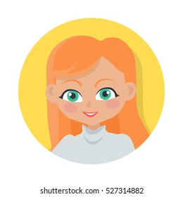 Girl with long red hair and forelock avatar userpic. Portrait of nice female person with green eyes and flush. Grey turtleneck. Lady in circle. Cartoon style. Flat design. Vector illustration