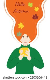 A girl with long red hair in a green sweater with a cup in her hands, the inscription Hello autumn, flat vector, isolate on white, autumn leaves, autumn colors