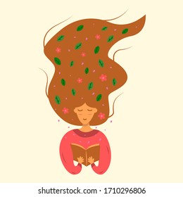 A girl with long red hair is reading a book. Flowers and leaves with petals in the hair. World Book Day. Spring mood. Colorful character vector illustration