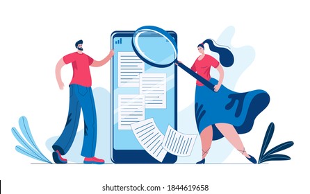 A girl in a long skirt with a large magnifying glass and a young man looking for information in a smartphone. Concept of a vector illustration in a flat style on the theme of modern technologies.
