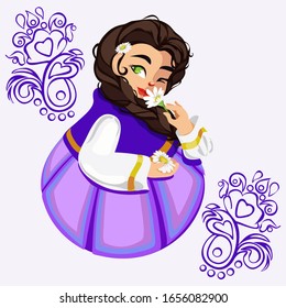 girl in long sundress with a long brown braid sniffs a daisy and winks