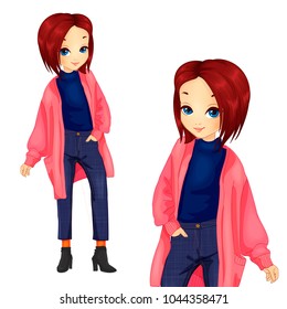 Girl In Long Warm Pink Cardigan