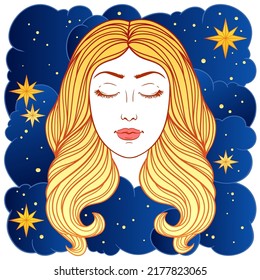 Girl with long wavy blondy hair, stars and clounds, vector illustration. 