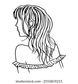 girl with long wavy hair in profile view from the back, portrait without a face - hand drawn line art