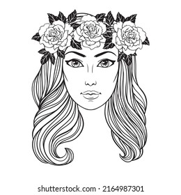 Girl with long wavy hair and roses, vector linen illustration on white background. Coloring book page, tattoo, poster, beauty salon design.