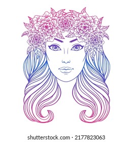 Girl with long wavy hair and roses, vector linen illustration on white background. Coloring book page, tattoo, poster, beauty salon design.