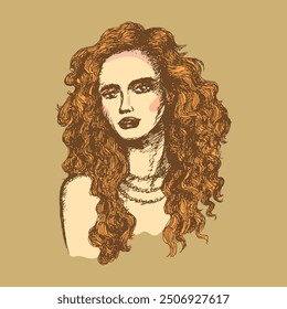 Girl with long wavy hair. Sketch, outline. Vector illustration