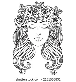 Girl with long wavy hair and wreath of roses, vector linen black and white illustration. Coloring book page, tattoo, poster.