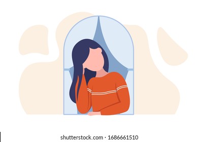 Girl lookikng through the window. Tired or bored girl in orange cardigan looks out the window. Vector flat style illustration isolated on white background.